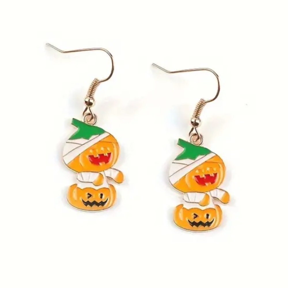 Mummy Pumpkin Jack O Lantern Halloween Gold Toned Earrings